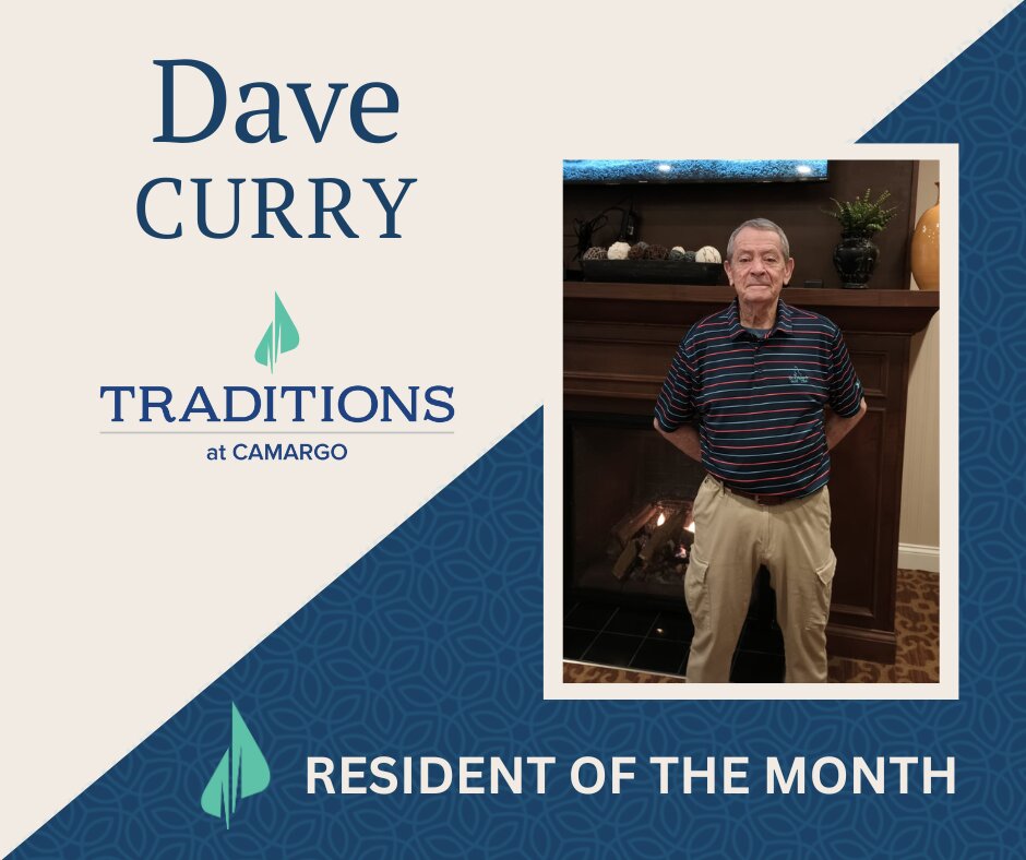 Photo of an elderly man standing in front of a fireplace with his hands behind his back while smiling on a Traditions Management graphic for Resident of the Month